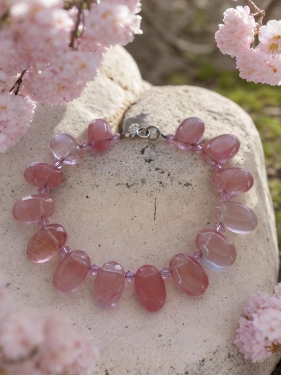 Hand Crafted Jewelry - Rose Quartz Bead hand strung Bracelet with crystal accents. Fit up to 7.5 inches